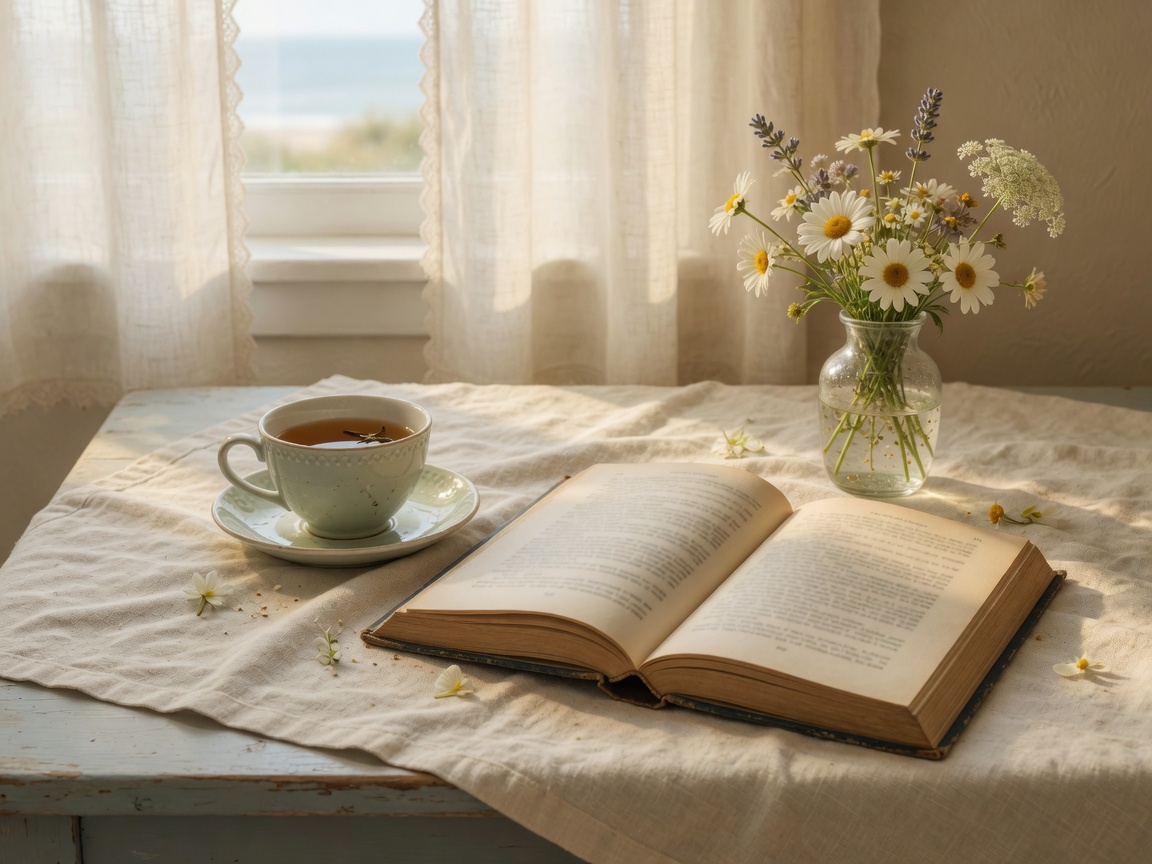 An open book, a cup of tea, and wildflowers on a linen table beside a sunlit window