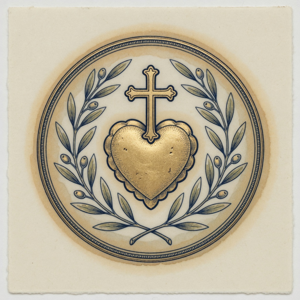 Grateful Heart Press seal: a gold heart and cross within olive branches